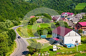 Road through village in Carpathian mountains