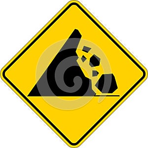 Road Warning Sign, Mountain Rocks Falling Symbol