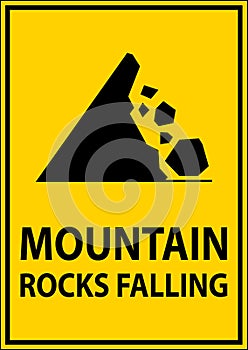 Road Warning Sign, Mountain Rocks Falling Symbol