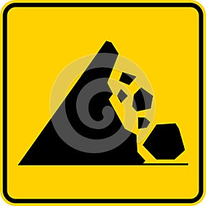 Road Warning Sign, Mountain Rocks Falling Symbol