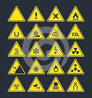 Road warning signs set. Triangular yellow symbols increased fire peril danger of loose soil radioactive alarm lethal