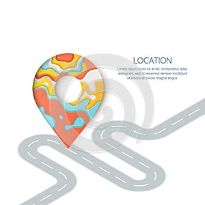 Road way location and GPS navigation. Paper cut illustration of pin map symbol, waypoint marker and winding road photo