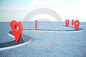 Road way location Infographic with pin pointers. Road way with red pointers. Road way on cloudy blue sky background. 3D