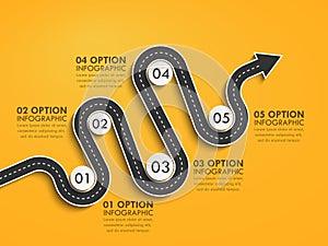 Road way location infographic template with a phased structure. Winding arrow road timeline