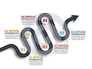 Road way location infographic template with a phased structure. Winding arrow road timeline