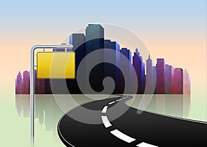 Road way to city buildings background