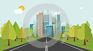 Road way to city buildings on horizon vector illustration, highway cityscape flat style photo