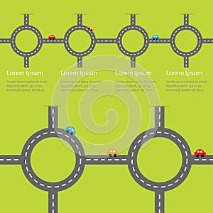 Road white marking and cartoon cars. Circle round crossroad set. Infographic timeline template. Design element. Green grass backg