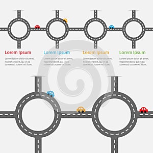 Road white marking and cartoon cars. Circle round crossroad set. Infographic timeline template. Design element. White background.