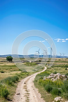 Road with wind turbines in countryside under blue sky