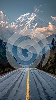 Road winding through highland ecoregion with mountains in the background