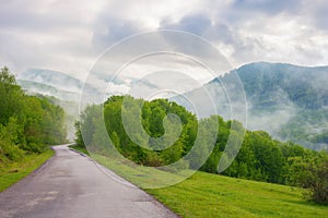 road winds through the foggy countryside