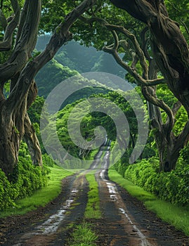 Road winds through lush green forest and tunnel of trees