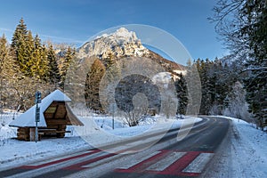 Road in a winter mountain snowy landscape