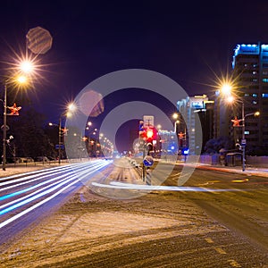 Road in the winter night, city, cars, lights, speed