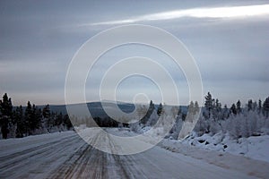 Road, winter, winds, North, forest, taiga, Siberia, frost, snow, ice, icy, slippery, dangerous, speed, background, views.