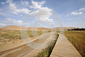 Road and wooden path in desert