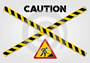 Road Work Ahead Sign and Caution lines isolated on white background. Vector illustration