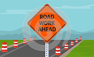 Road work ahead or under construction warning sign.