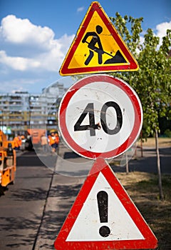 Road work, speed limit and other dangers signs