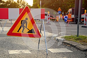 Road work traffic sign, highway maintenance construction site