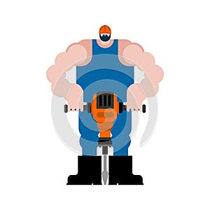 Road worker and jackhammer. Roadman at work. vector illustration