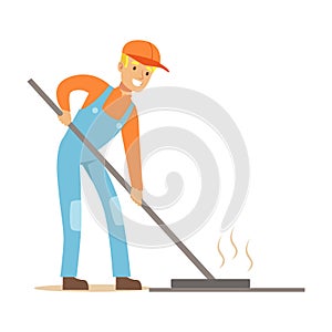 Road Worker Levelling Asphalt With Rake , Part Of Roadworks And Construction Site Series Of Vector Illustrations