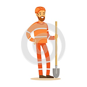 Road Worker In Orange Uniform With Shovel , Part Of Roadworks And Construction Site Series Of Vector Illustrations