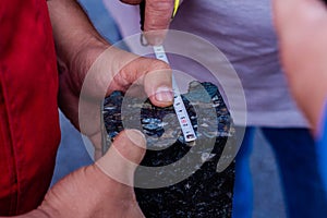 Road workers take a cube of asphalt