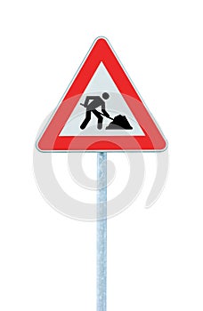 Road Works Ahead Warning Road Sign Pole isolated