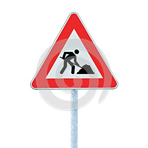 Road Works Ahead Warning Road Sign Pole isolated