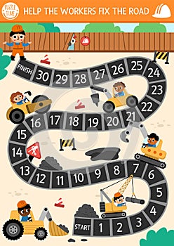 Road works dice board game for children with cute kid drivers, transport, bulldozer, tractor, roller, crawler crane. Construction