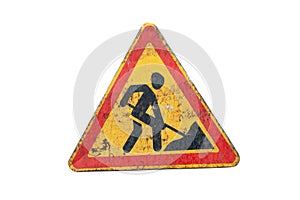 Road works dirty sign. Red, black and yellow triangle sign with digger man