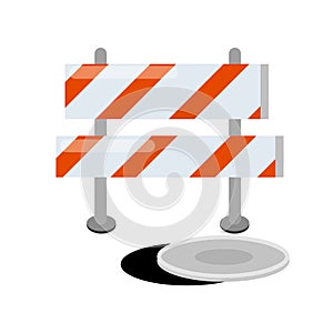 Road works. Forbidding sign and barrier. Building block of the highway
