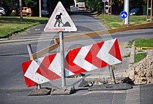 Road works and road barrier signs on the street