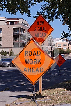 Road works. Road signs informing about a change in traffic organization