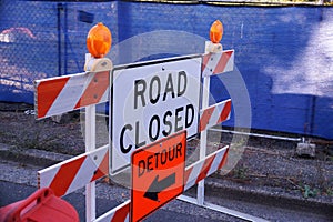 Road works. Road signs informing about road closures and detours