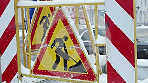 Road works sign close up. Bypass sign road obstacles close-up