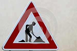 Road works sign for construction works in street