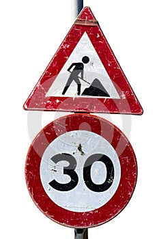 Road works and speed limit sign