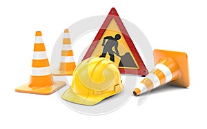 Road works, traffic cones and sign