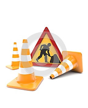 Road works, traffic cones and sign