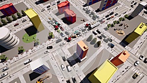 Road works traffic jam drone aerial top view highway transportation 3d