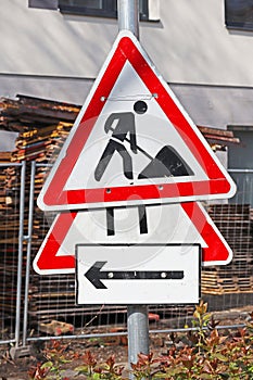 Road works traffic signs at the construction site
