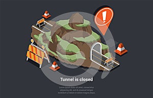 Road Works, Tunnel Construction Composition. Closed Tunnel Due to Road Surface Repair Reasons. Road Construction Signs