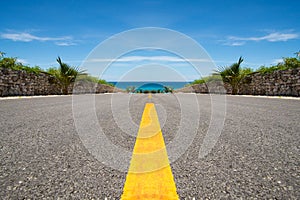 Road with yellow line ending in tropical sea photo