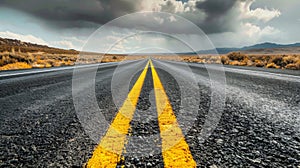 A road with yellow lines and a cloudy sky in the distance, AI