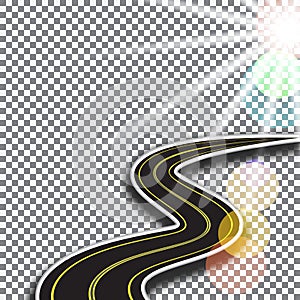 Road with yellow markings, receding into the distance. Abstract 3d. Sunlight. illustration