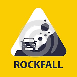 Road yellow sign caution rockfall.
