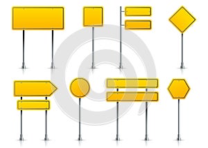 Road yellow sign. Realistic highway signage on pole. 3D roadside pointers. Isolated types of blank signposts. Guideposts